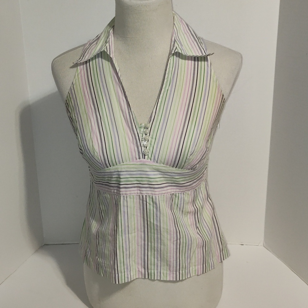 Ann Taylor LOFT White Color Striped 100% Cotton Tie Back Top Size 4p Multicolor